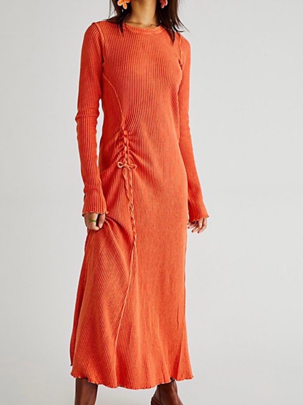 Free People Long Sleeve Maxi Knit Dress in Rust Orange